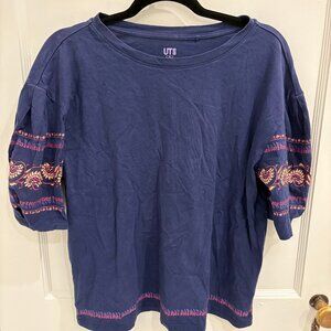 Anna Sui X Uniqlo Collab Flower Navy T-Shirt, Size M, Pre-Owned, 100% Cotton